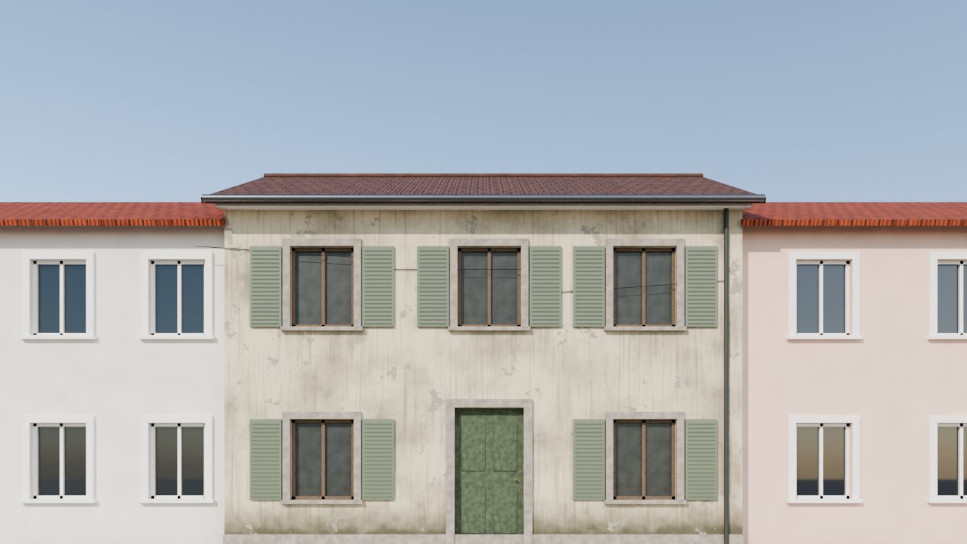 Fachada degradada, com manchas de humidade e sujidade, antes da pintura